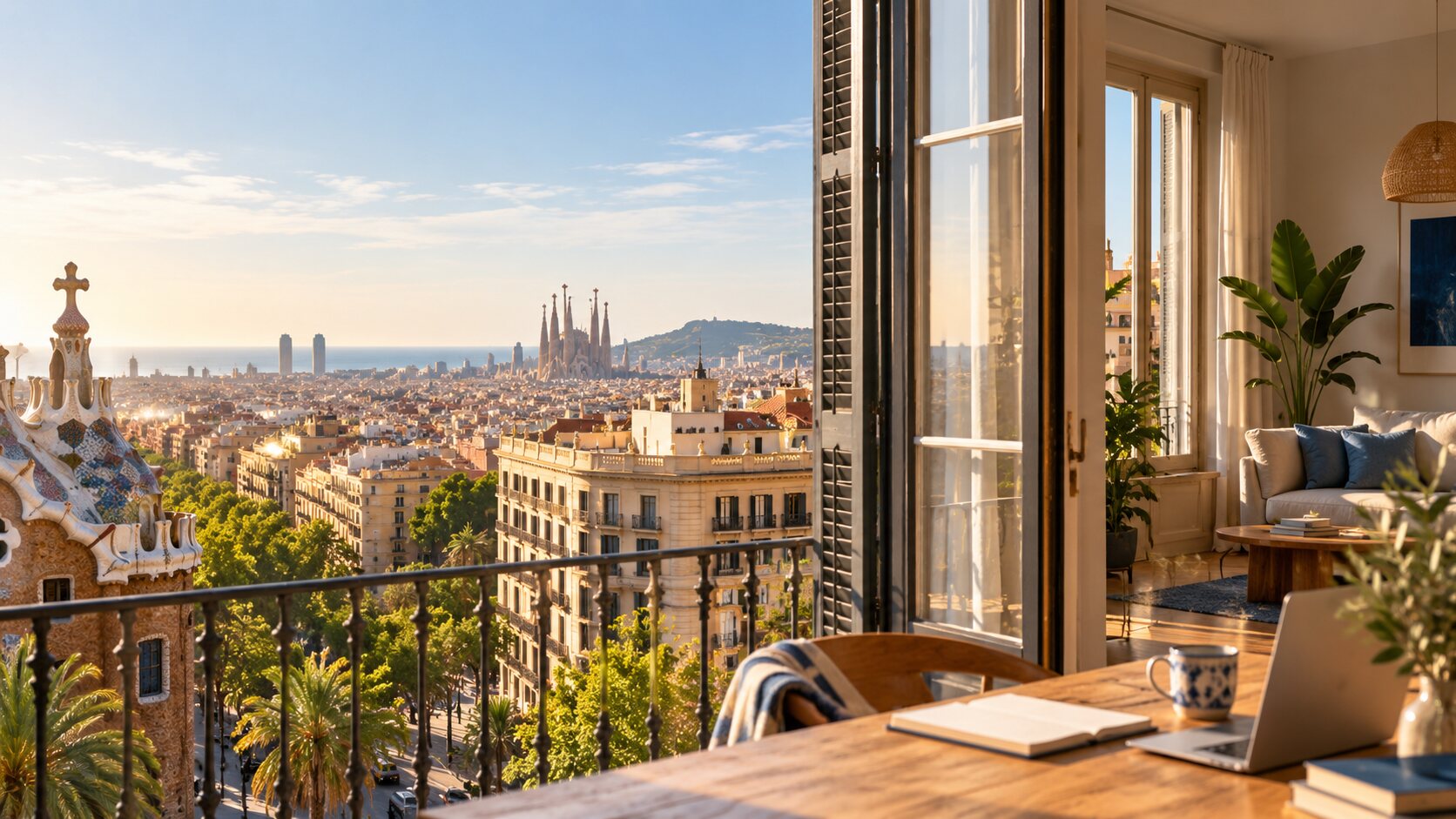 Vista ambiental de Barcelona con arquitectura mediterránea y un interior luminoso