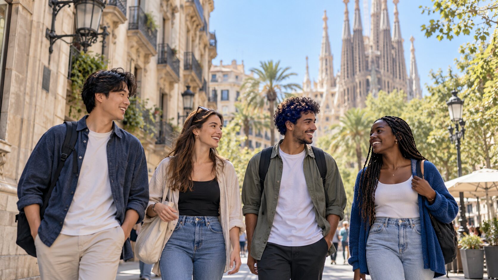 Grupo de estudiantes internacionales caminando por Barcelona